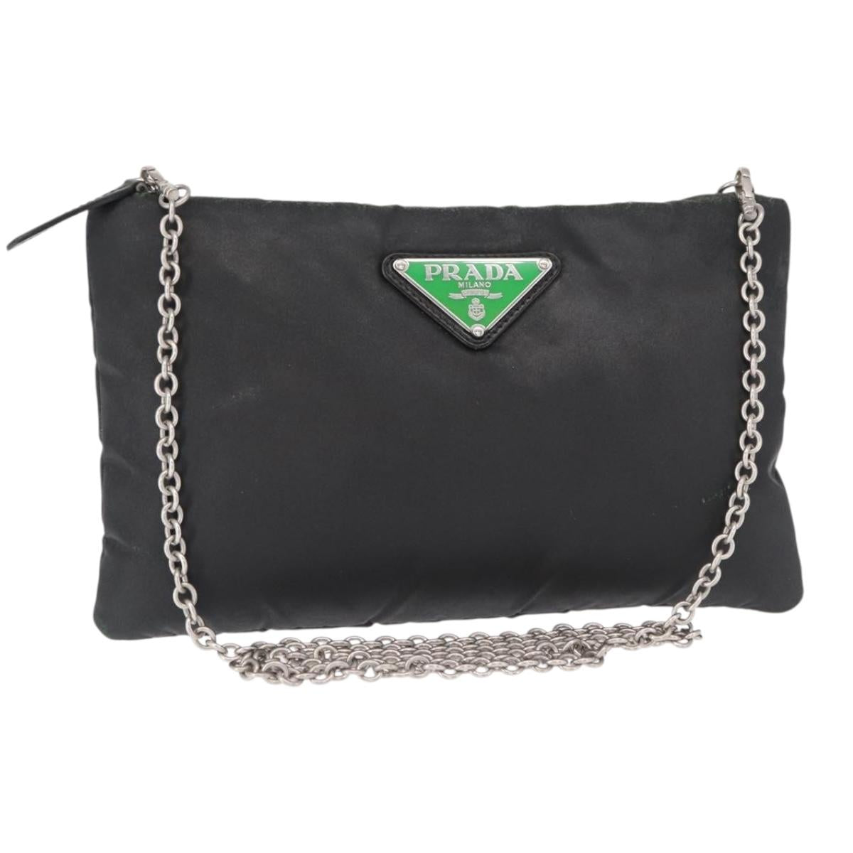 PRADA Chain Shoulder Bag Nylon Black Silver Auth 156386