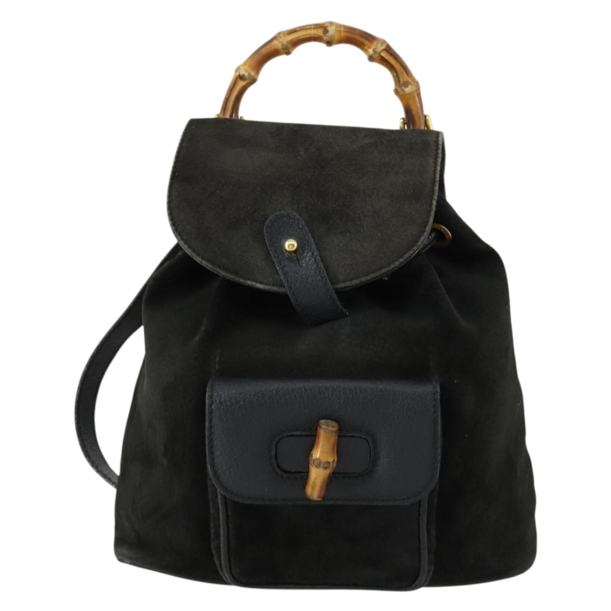 GUCCI Bamboo Backpack Leather Black Gold 003 2058 0030 Auth 156416