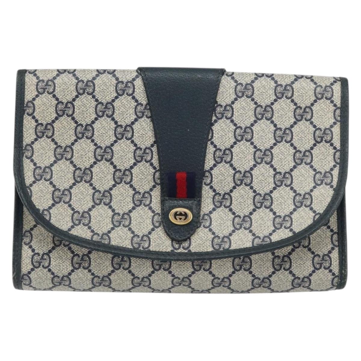 GUCCI GG Supreme Sherry Line Clutch Bag PVC Navy Gold 156 01 030 Auth 156429