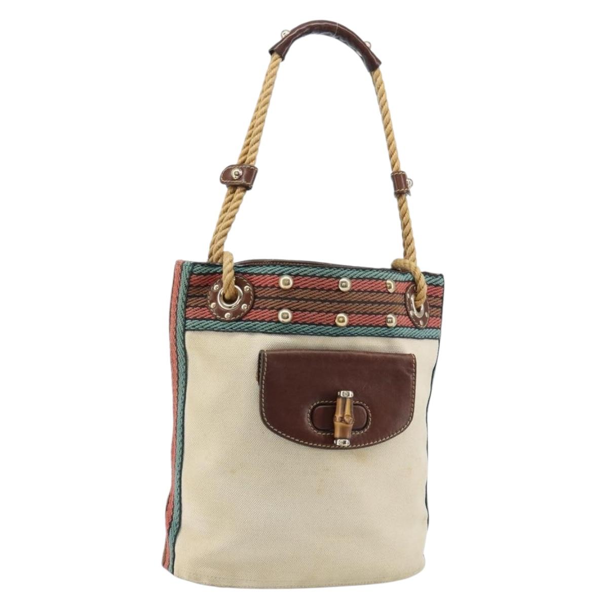 GUCCI Bamboo Shoulder Bag Canvas Beige Gold 141936 Auth 156435