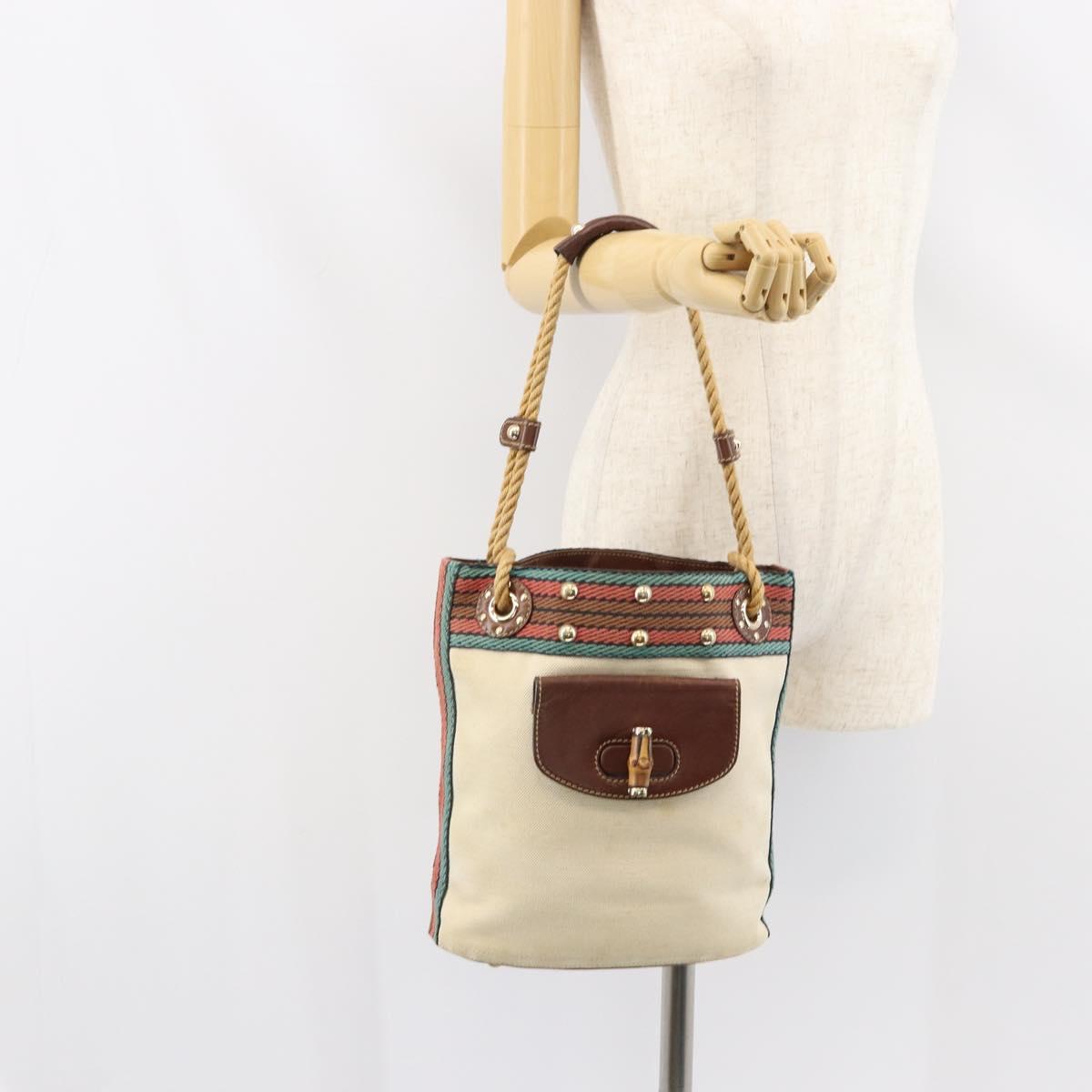 GUCCI Bamboo Shoulder Bag Canvas Beige Gold 141936 Auth 156435