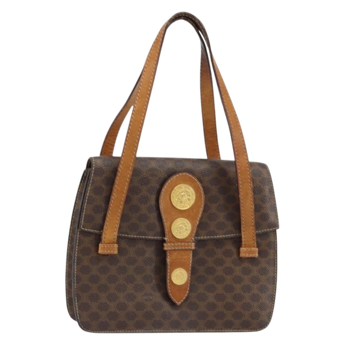 CELINE Macadam Canvas Medallion Hand Bag PVC Leather Brown Gold Auth 156441