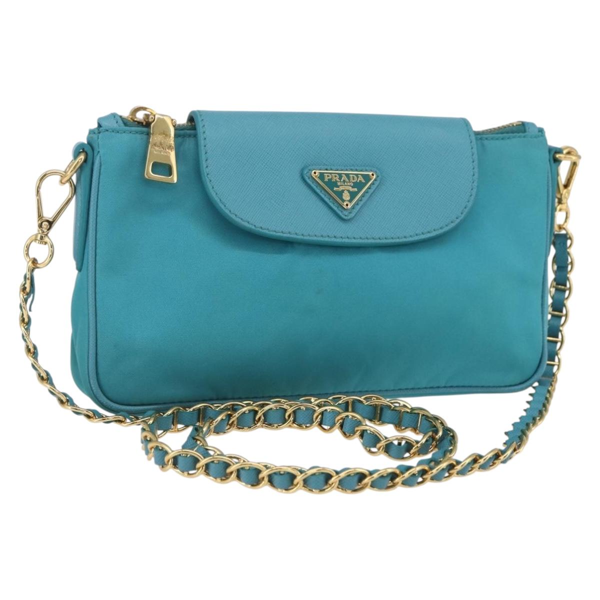 PRADA Chain Shoulder Bag Nylon Turquoise Blue Gold Auth 156453V