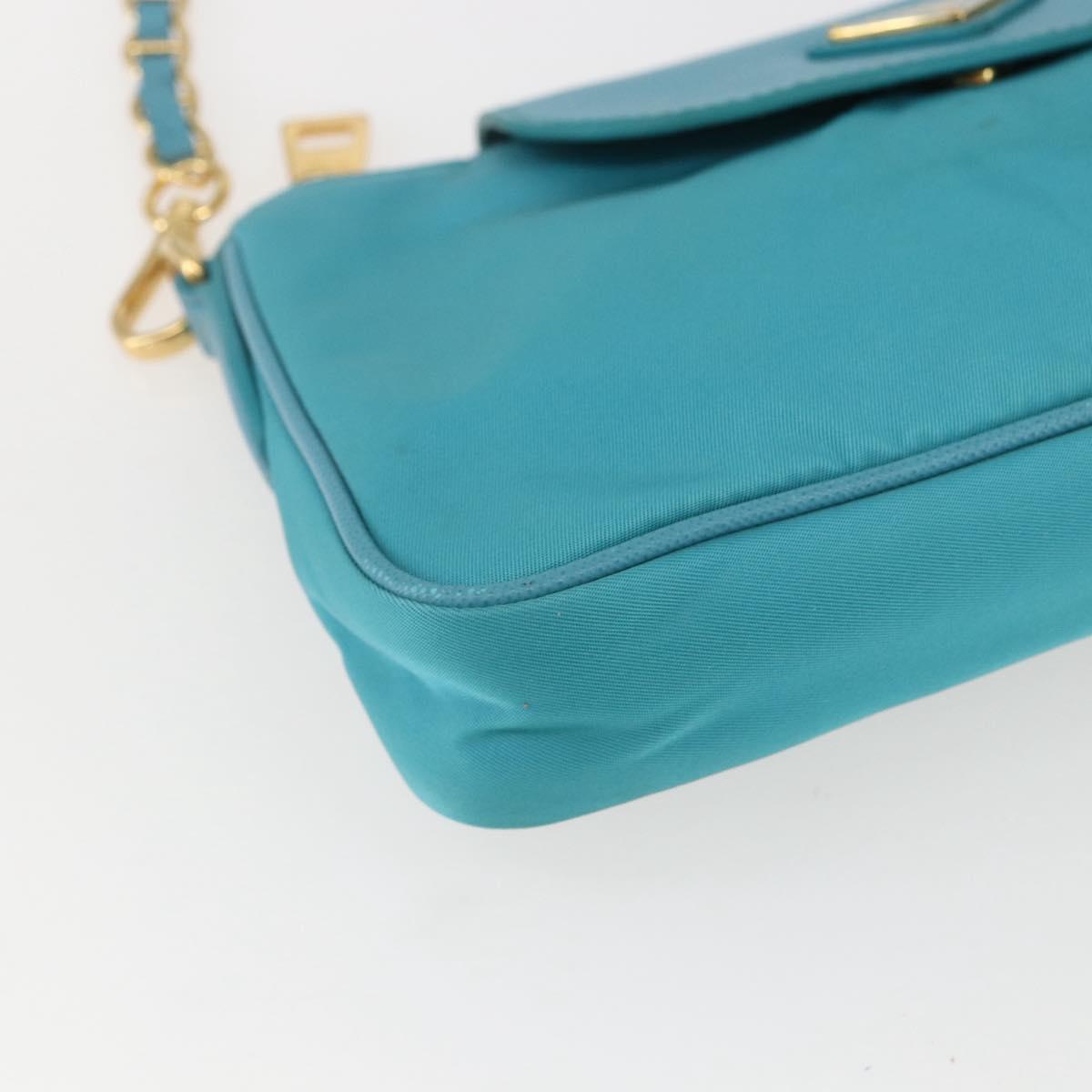 PRADA Chain Shoulder Bag Nylon Turquoise Blue Gold Auth 156453V