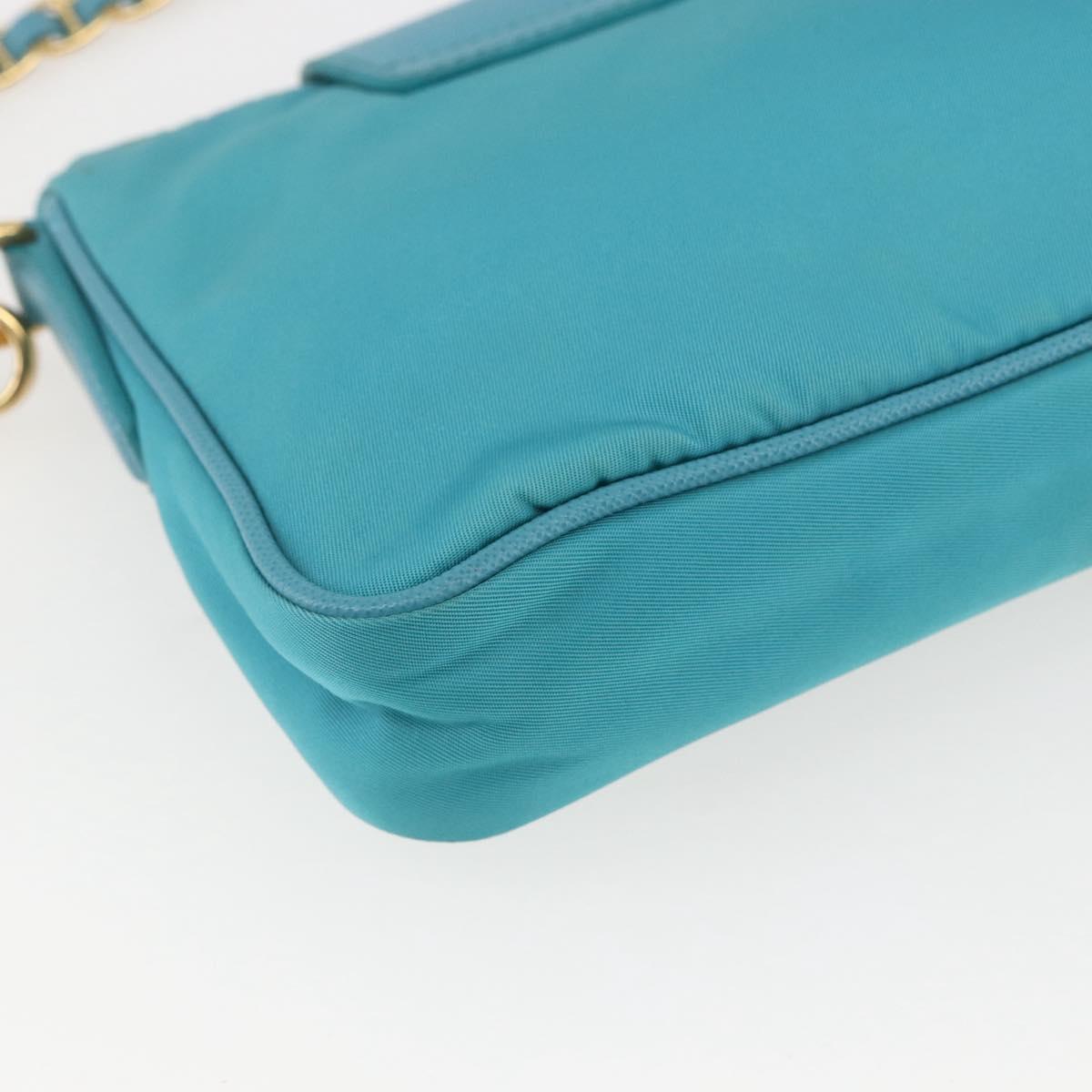 PRADA Chain Shoulder Bag Nylon Turquoise Blue Gold Auth 156453V