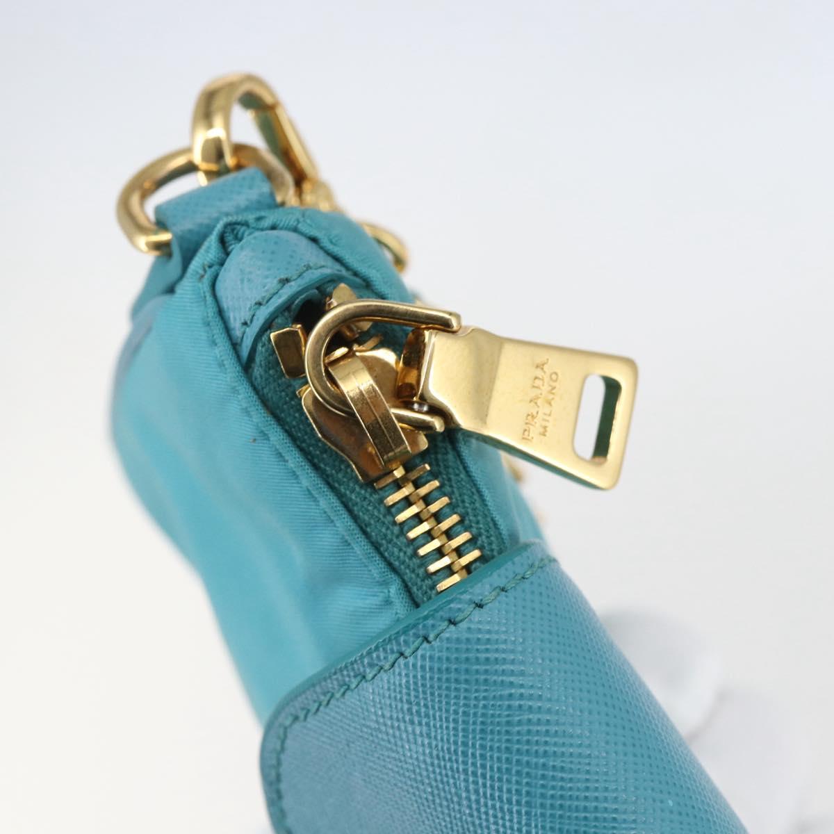 PRADA Chain Shoulder Bag Nylon Turquoise Blue Gold Auth 156453V