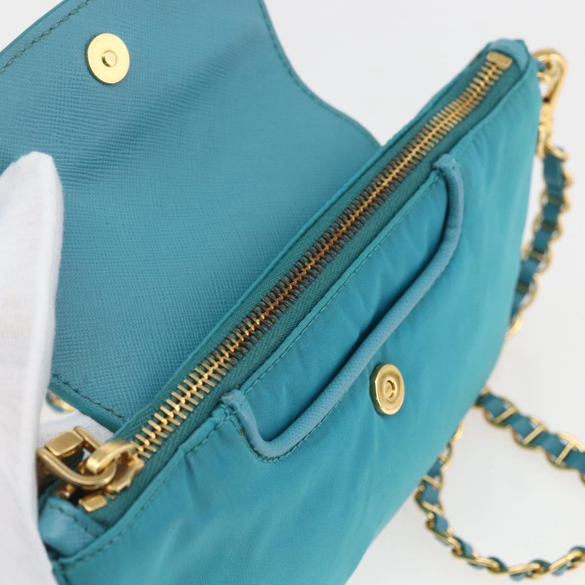 PRADA Chain Shoulder Bag Nylon Turquoise Blue Gold Auth 156453V