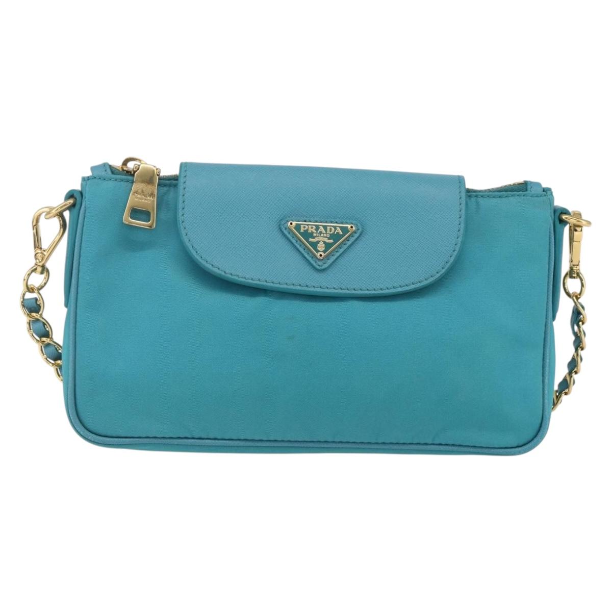 PRADA Chain Shoulder Bag Nylon Turquoise Blue Gold Auth 156453V