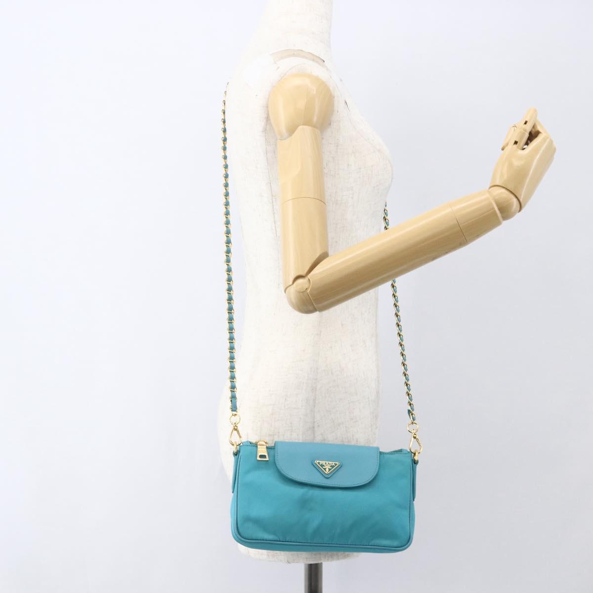 PRADA Chain Shoulder Bag Nylon Turquoise Blue Gold Auth 156453V