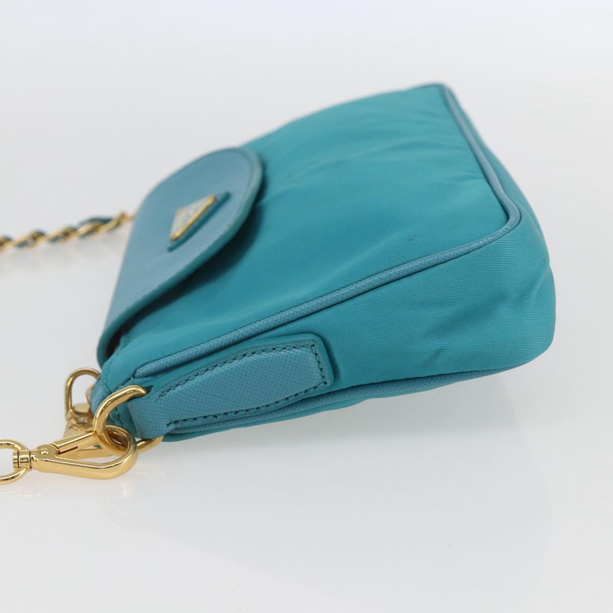 PRADA Chain Shoulder Bag Nylon Turquoise Blue Gold Auth 156453V
