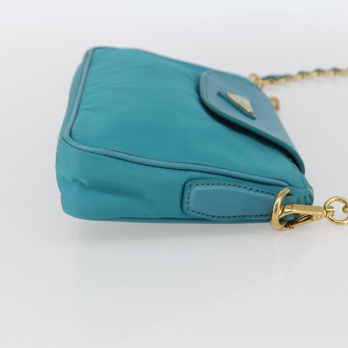 PRADA Chain Shoulder Bag Nylon Turquoise Blue Gold Auth 156453V
