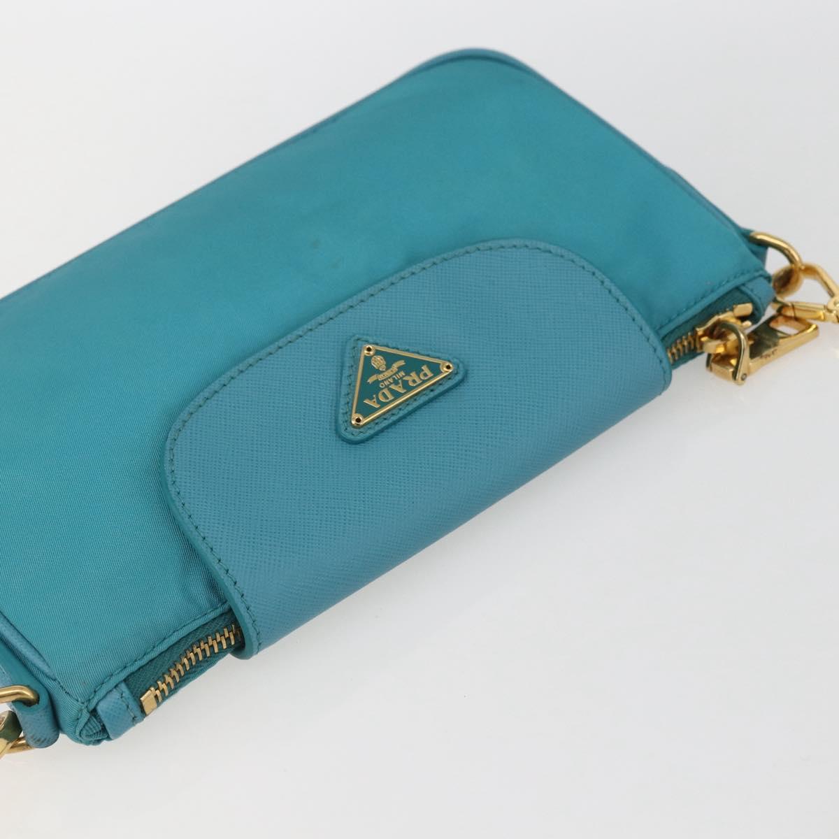 PRADA Chain Shoulder Bag Nylon Turquoise Blue Gold Auth 156453V
