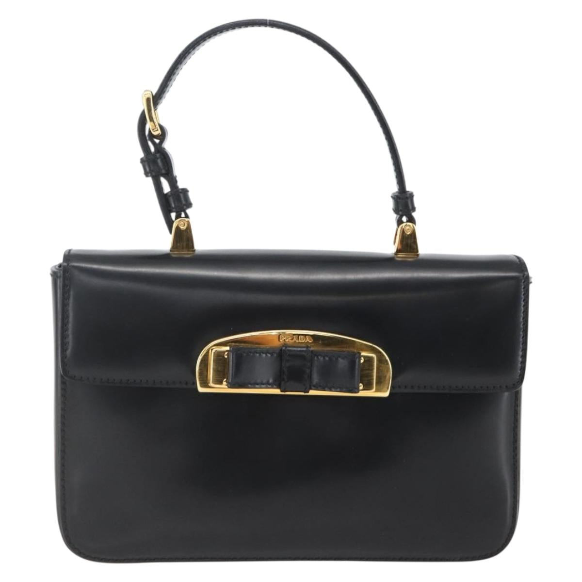 PRADA Hand Bag Leather Black Gold Auth 156455V