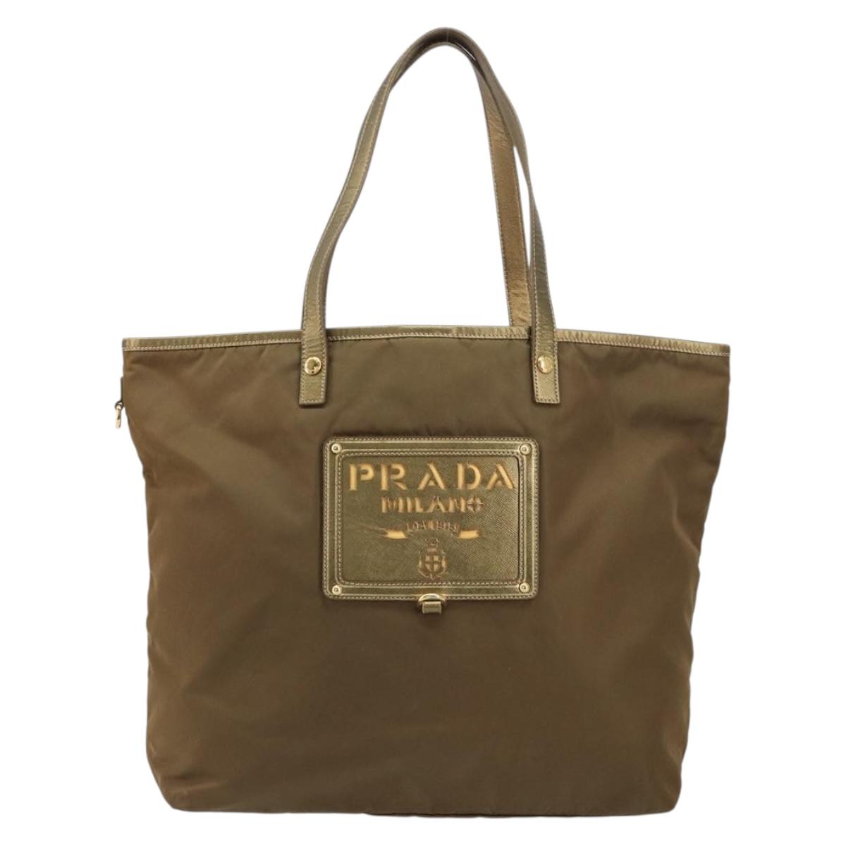 PRADA Tote Bag Nylon Brown Gold Auth 156457