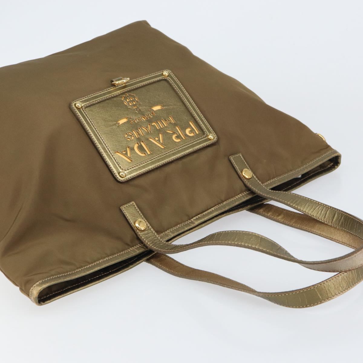 PRADA Tote Bag Nylon Brown Gold Auth 156457