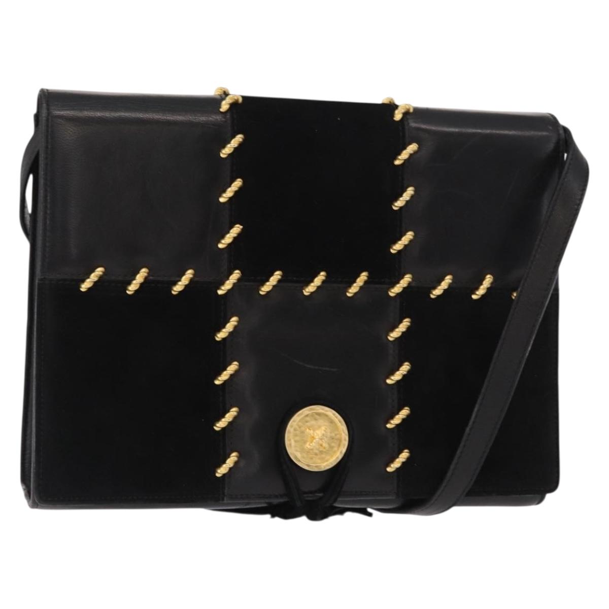 Salvatore Ferragamo Gancini Shoulder Bag Suede Leather Black Gold Auth 156462