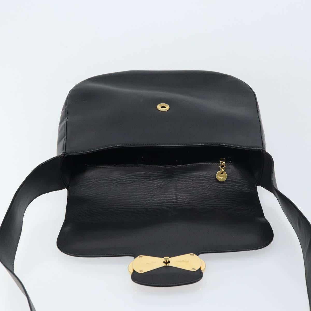 Salvatore Ferragamo Gancini Shoulder Bag Leather Black Gold Auth 156463