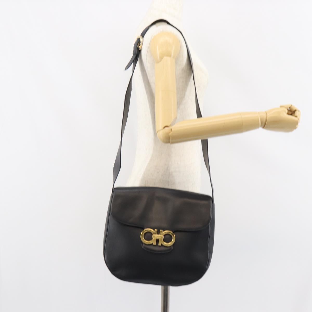 Salvatore Ferragamo Gancini Shoulder Bag Leather Black Gold Auth 156463