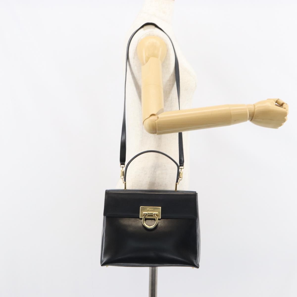 Salvatore Ferragamo Gancini Hand Bag Leather 2way Black Gold Auth 156465