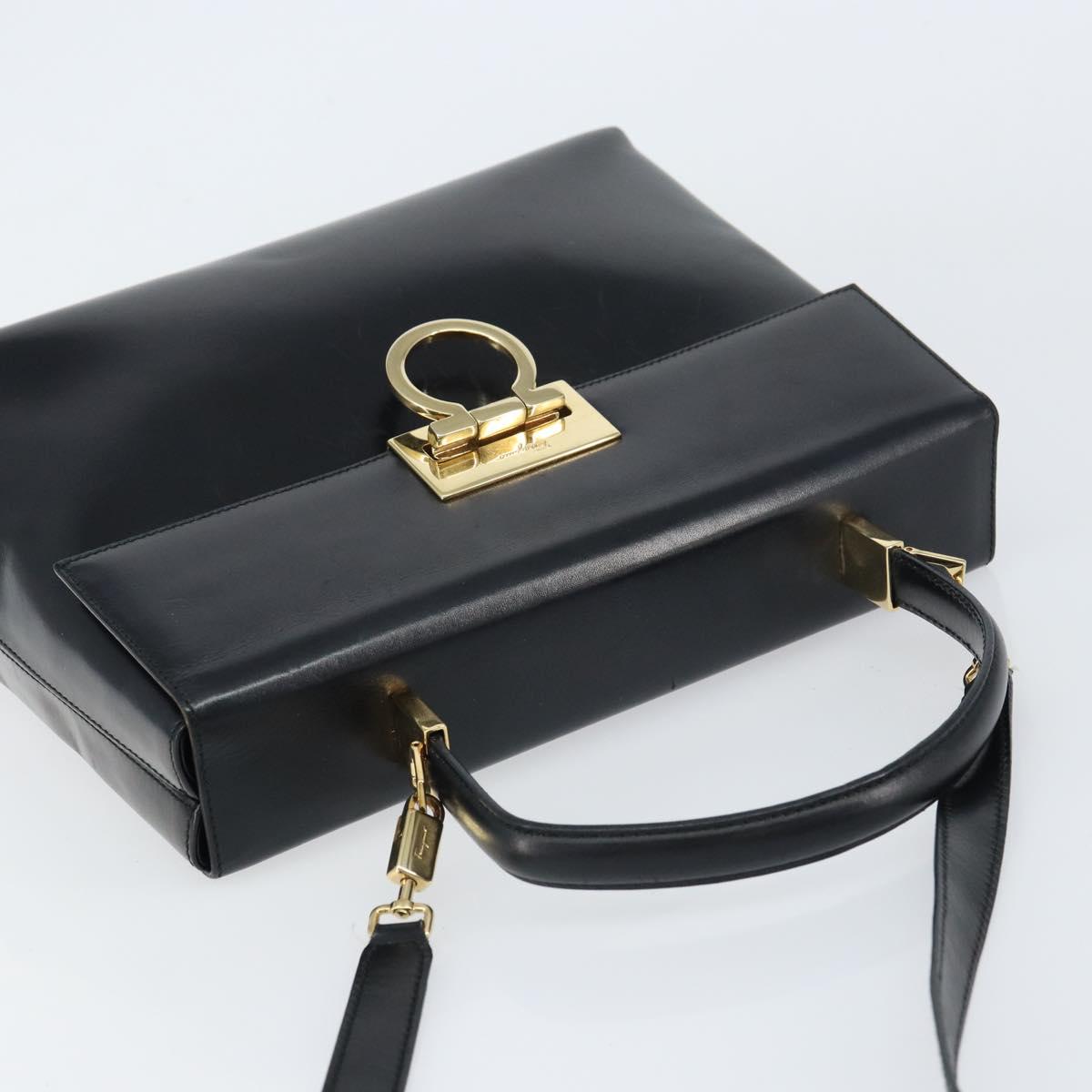 Salvatore Ferragamo Gancini Hand Bag Leather 2way Black Gold Auth 156465