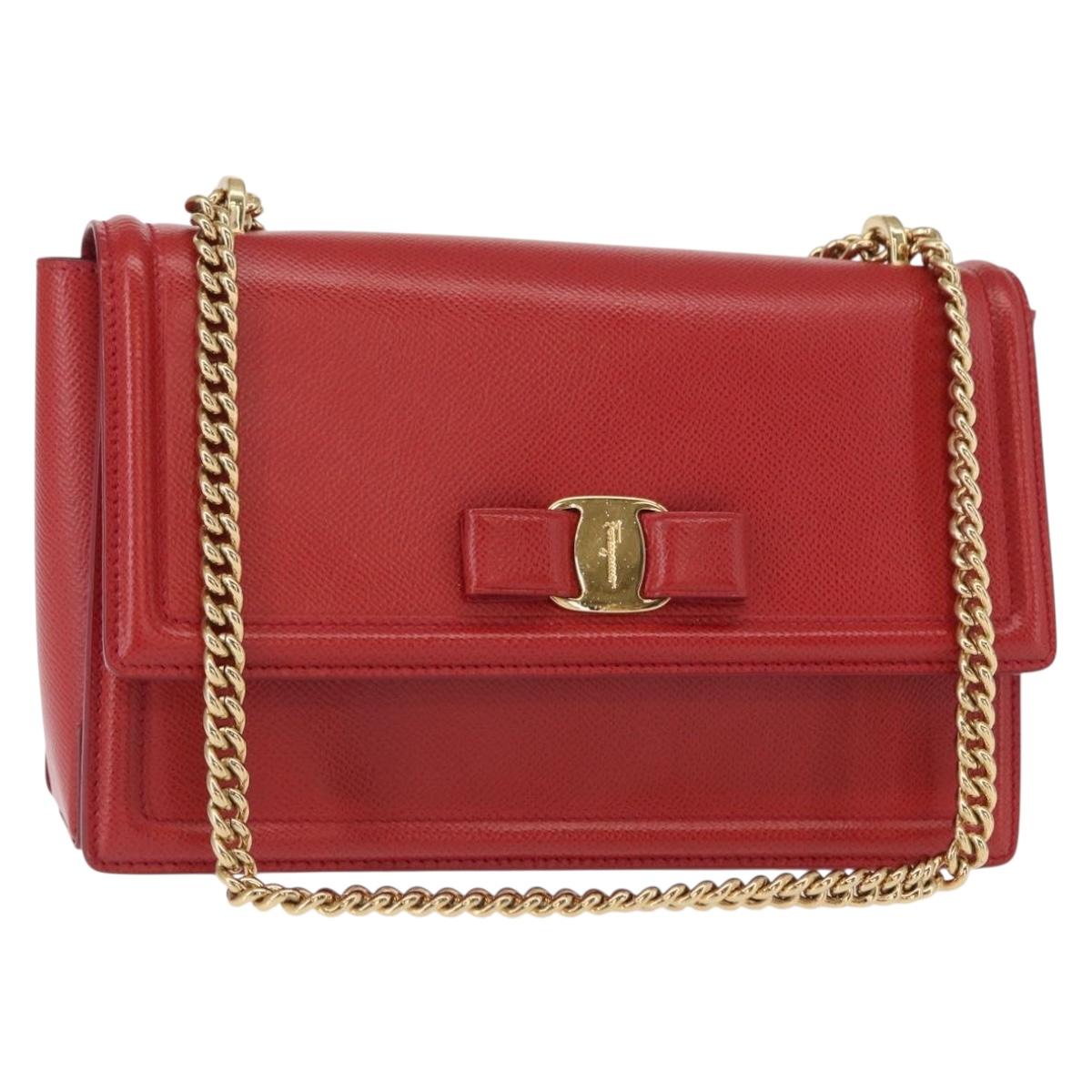 Salvatore Ferragamo Chain Vala Shoulder Bag Leather Red Gold Auth 156466V