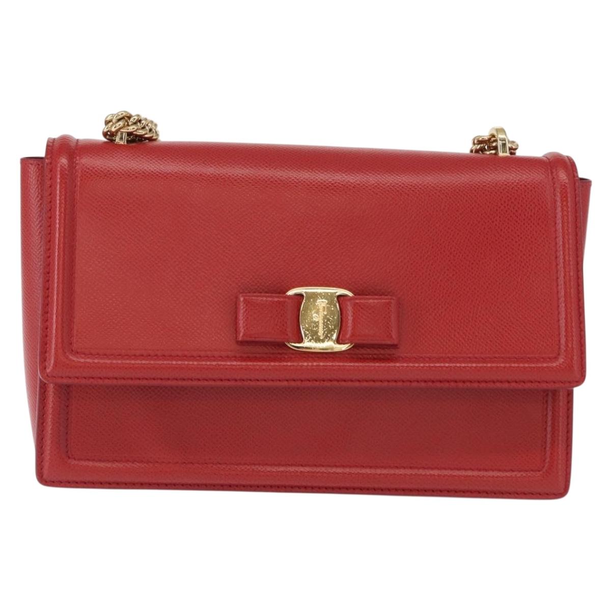 Salvatore Ferragamo Chain Vala Shoulder Bag Leather Red Gold Auth 156466V