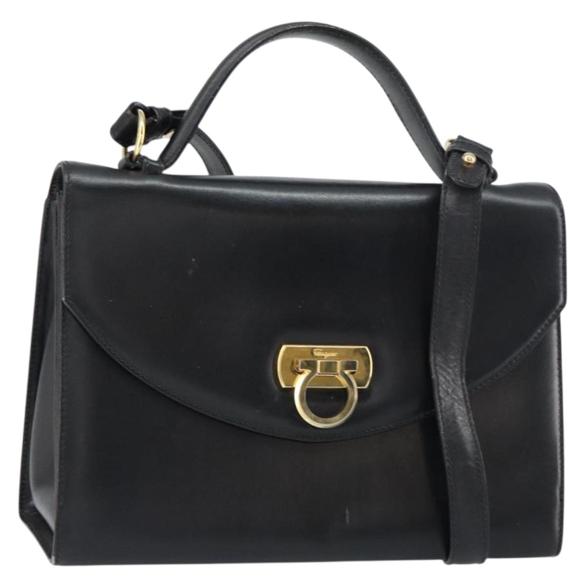 Salvatore Ferragamo Gancini Shoulder Bag Leather 2way Black Gold Auth 156467