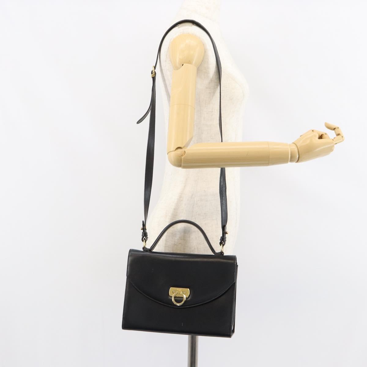 Salvatore Ferragamo Gancini Shoulder Bag Leather 2way Black Gold Auth 156467