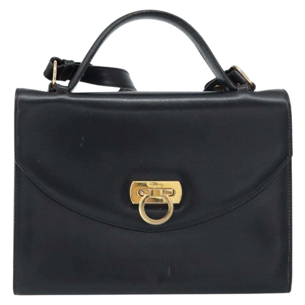 Salvatore Ferragamo Gancini Shoulder Bag Leather 2way Black Gold Auth 156467