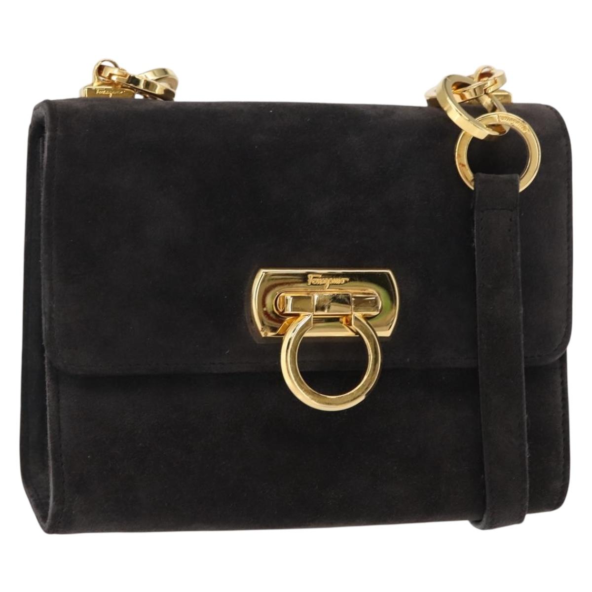 Salvatore Ferragamo Gancini Shoulder Bag Suede Gray Gold Auth 156470