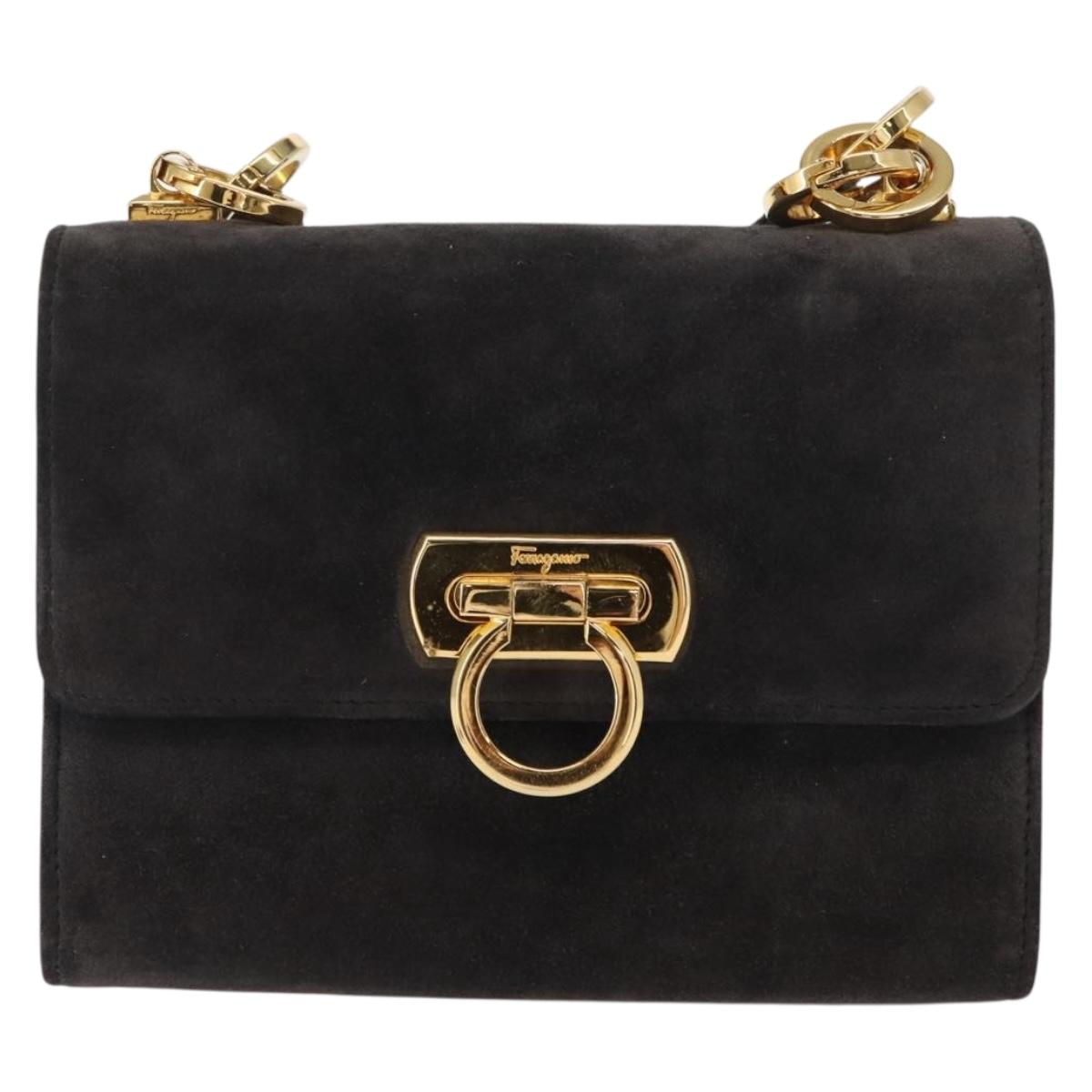 Salvatore Ferragamo Gancini Shoulder Bag Suede Gray Gold Auth 156470