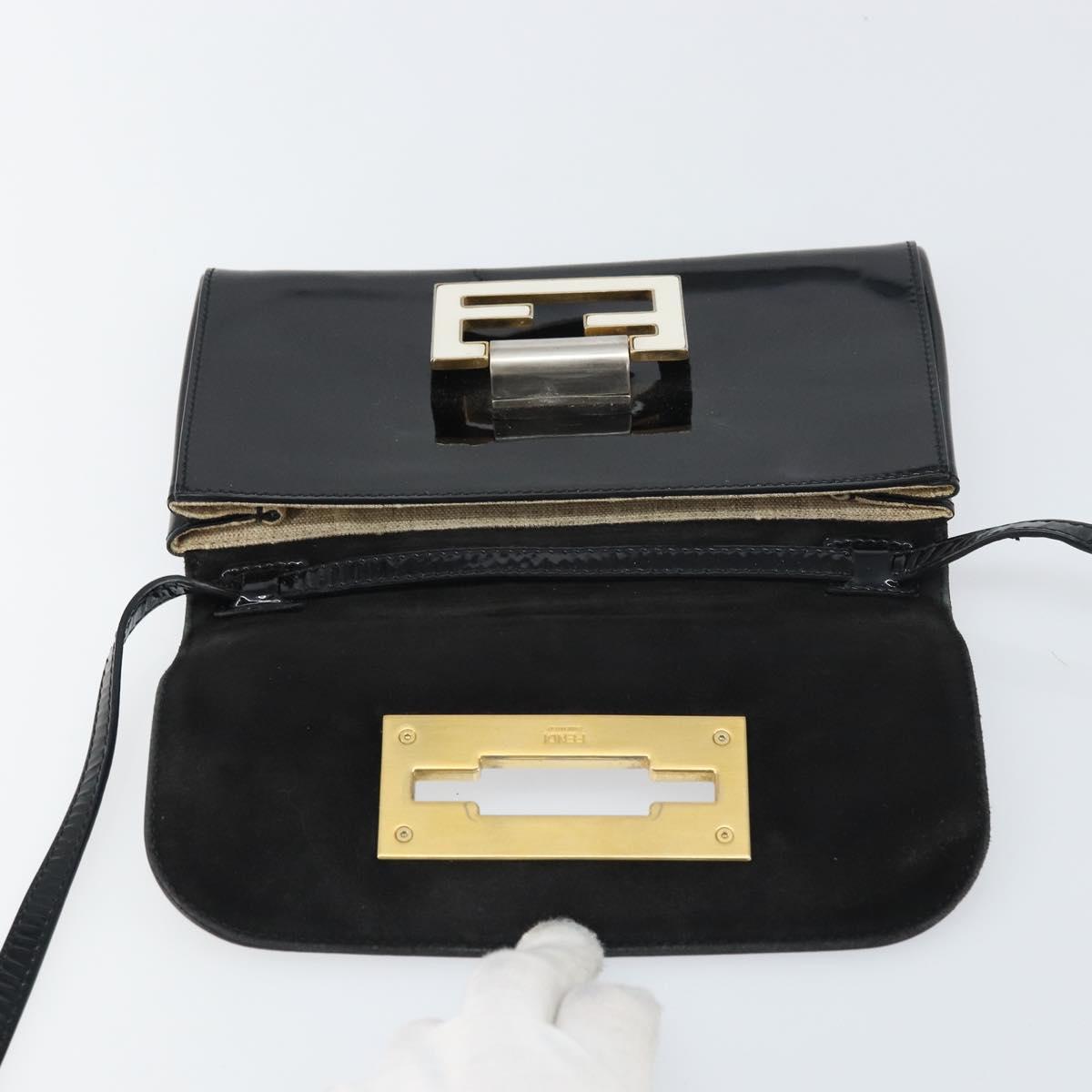 FENDI Shoulder Bag Enamel Black Gold Auth 156479