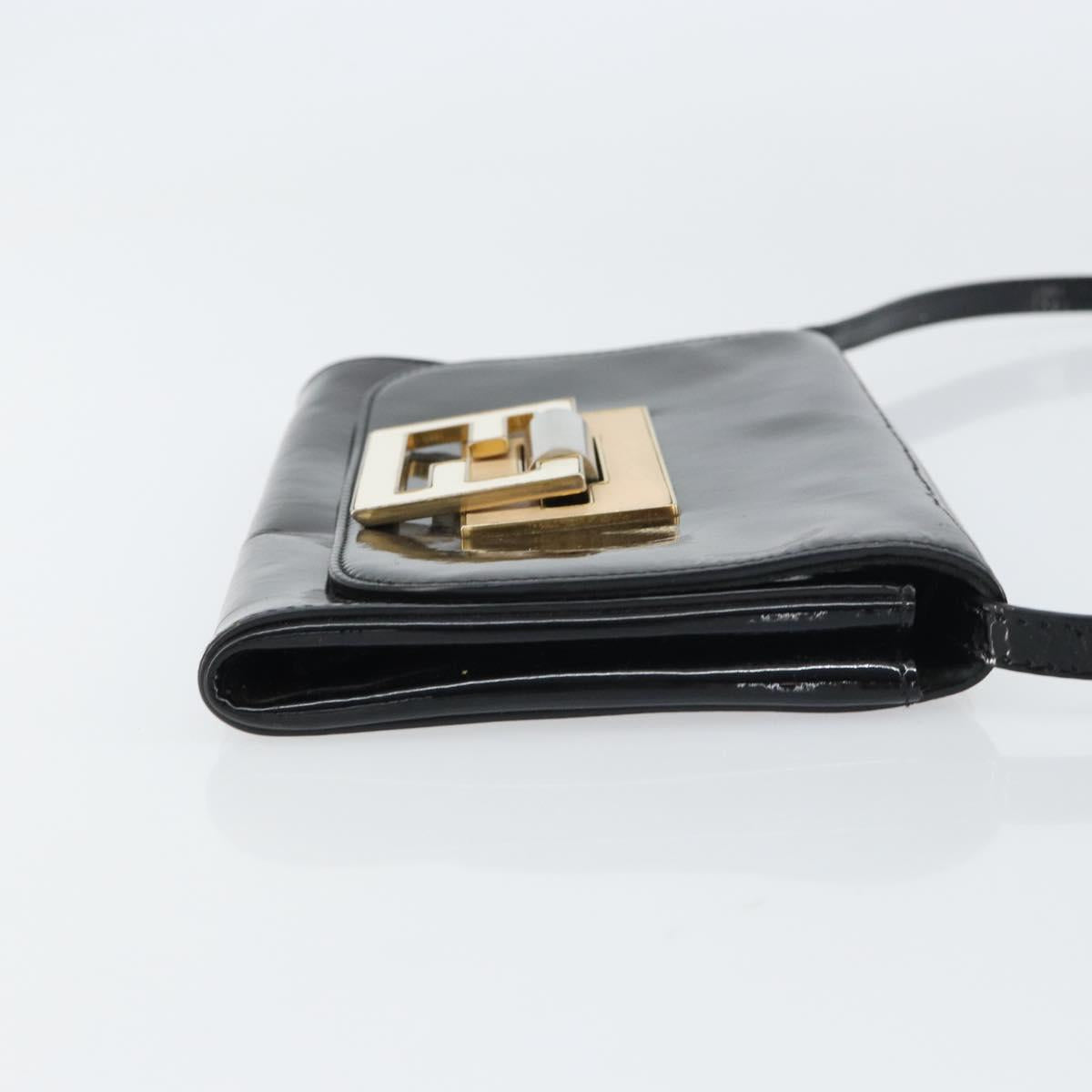 FENDI Shoulder Bag Enamel Black Gold Auth 156479