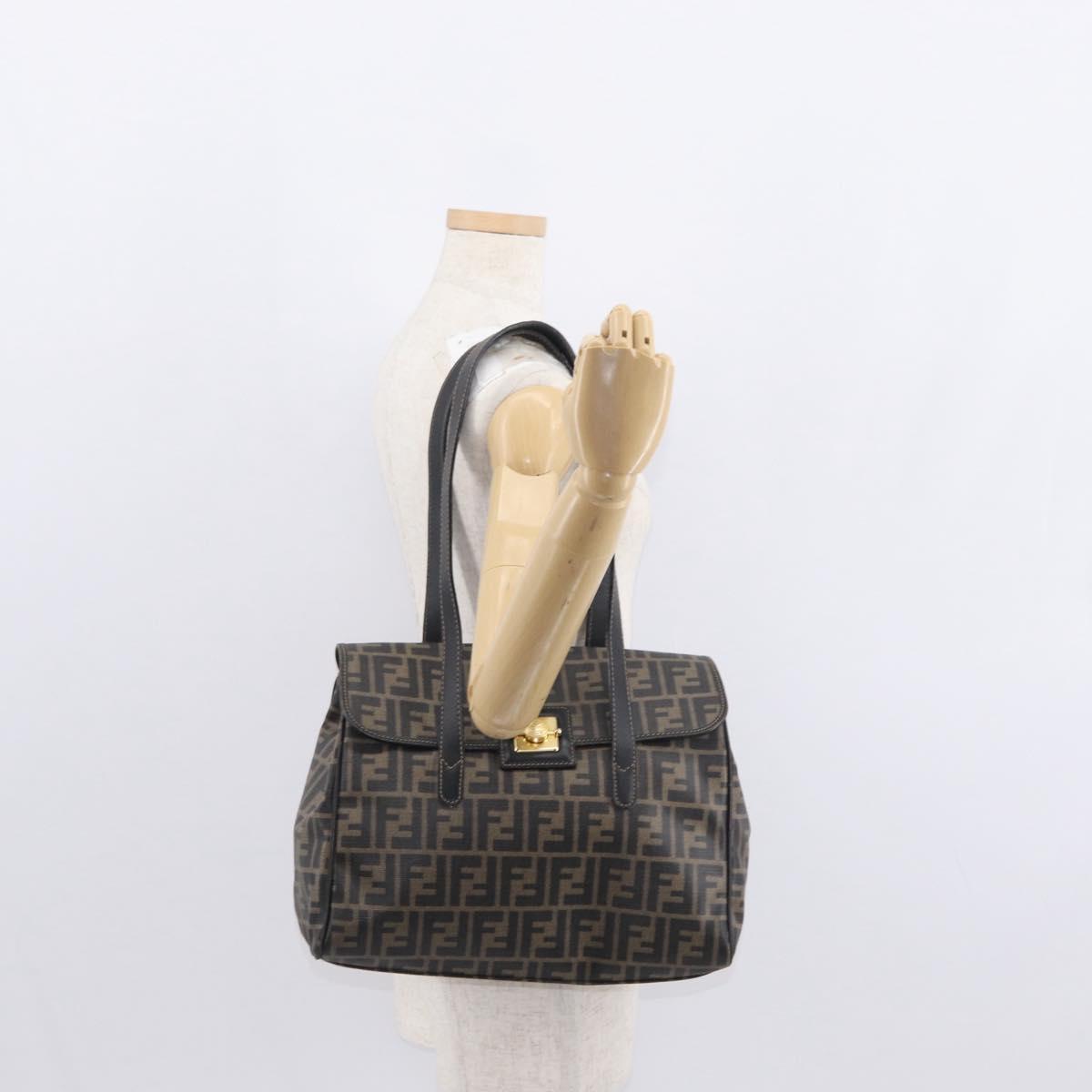 FENDI Zucca Canvas Tote Bag PVC Black Brown Auth 156482