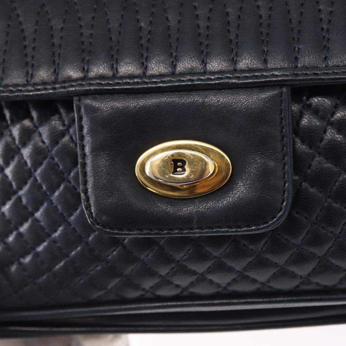BALLY Chain Shoulder Bag Leather Navy Gold Auth 156485
