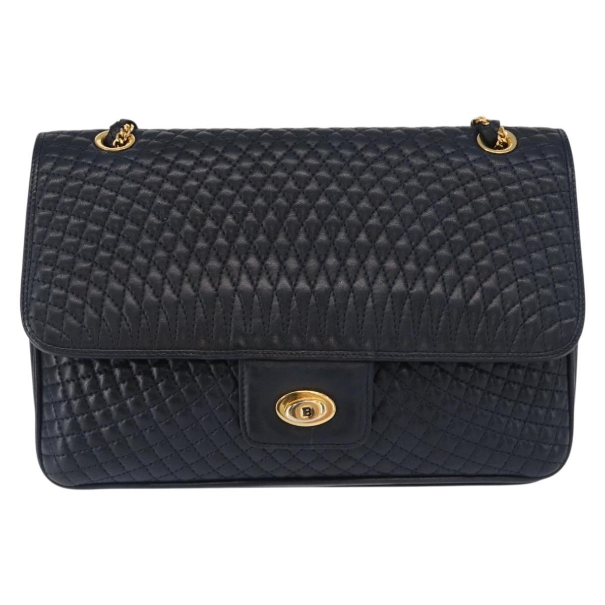 BALLY Chain Shoulder Bag Leather Navy Gold Auth 156485