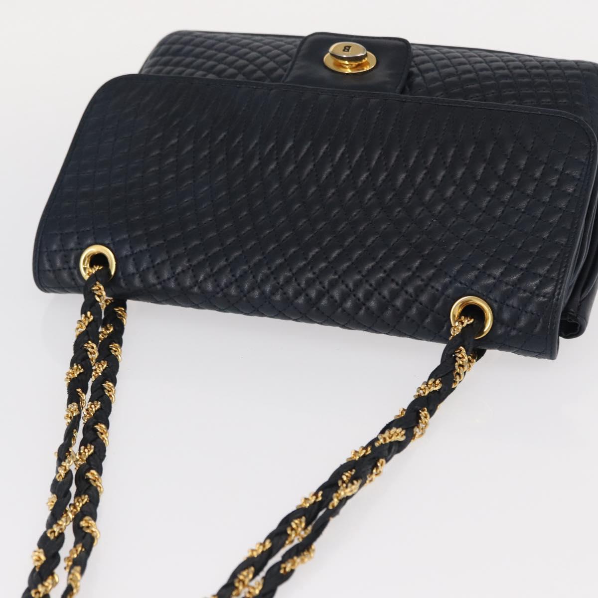 BALLY Chain Shoulder Bag Leather Navy Gold Auth 156485