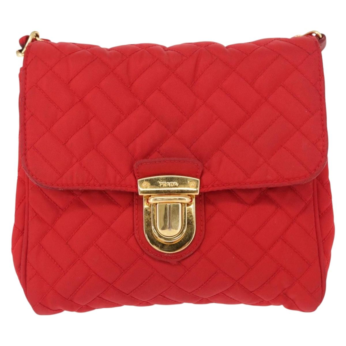 PRADA Chain Shoulder Bag Nylon Red Gold Auth 156490