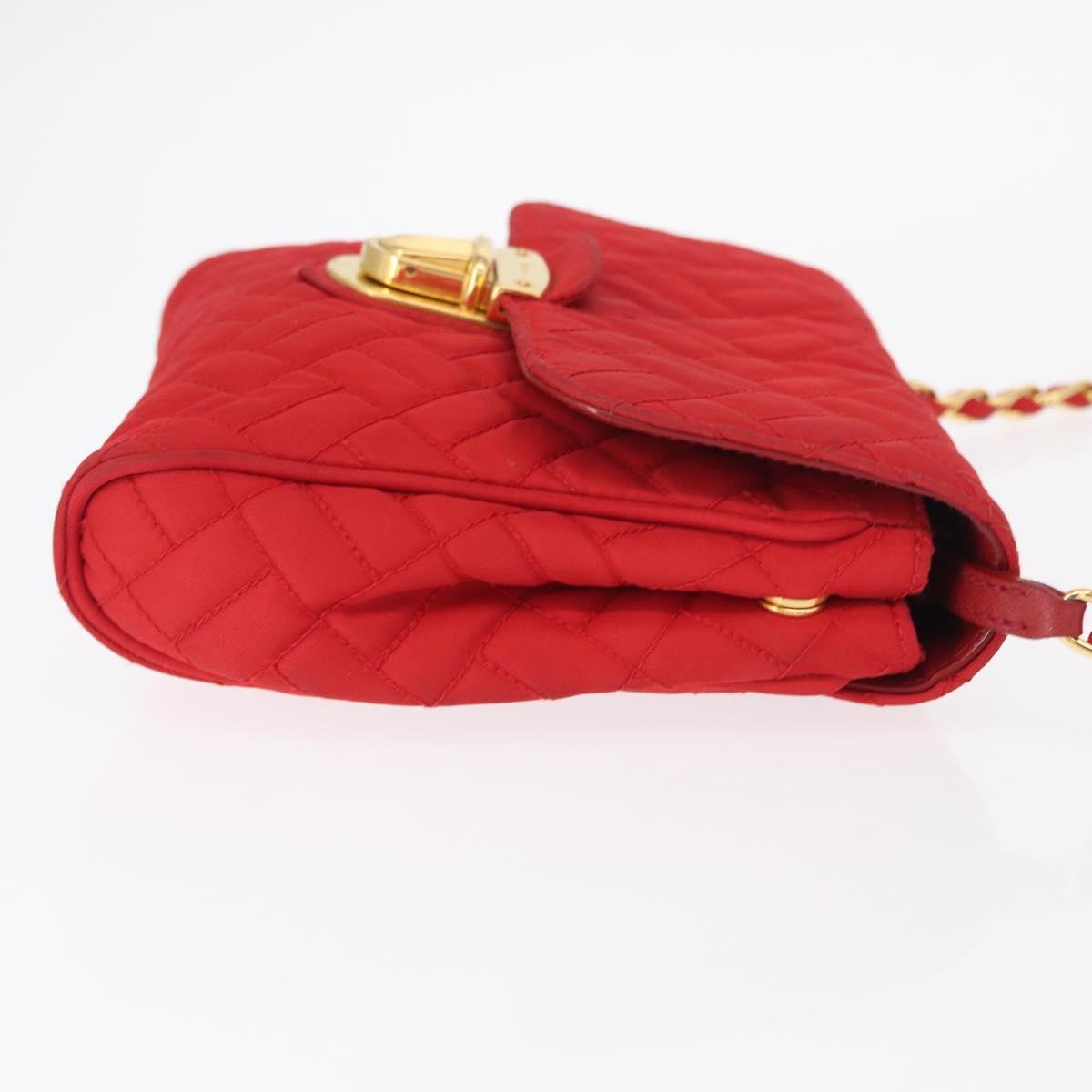 PRADA Chain Shoulder Bag Nylon Red Gold Auth 156490
