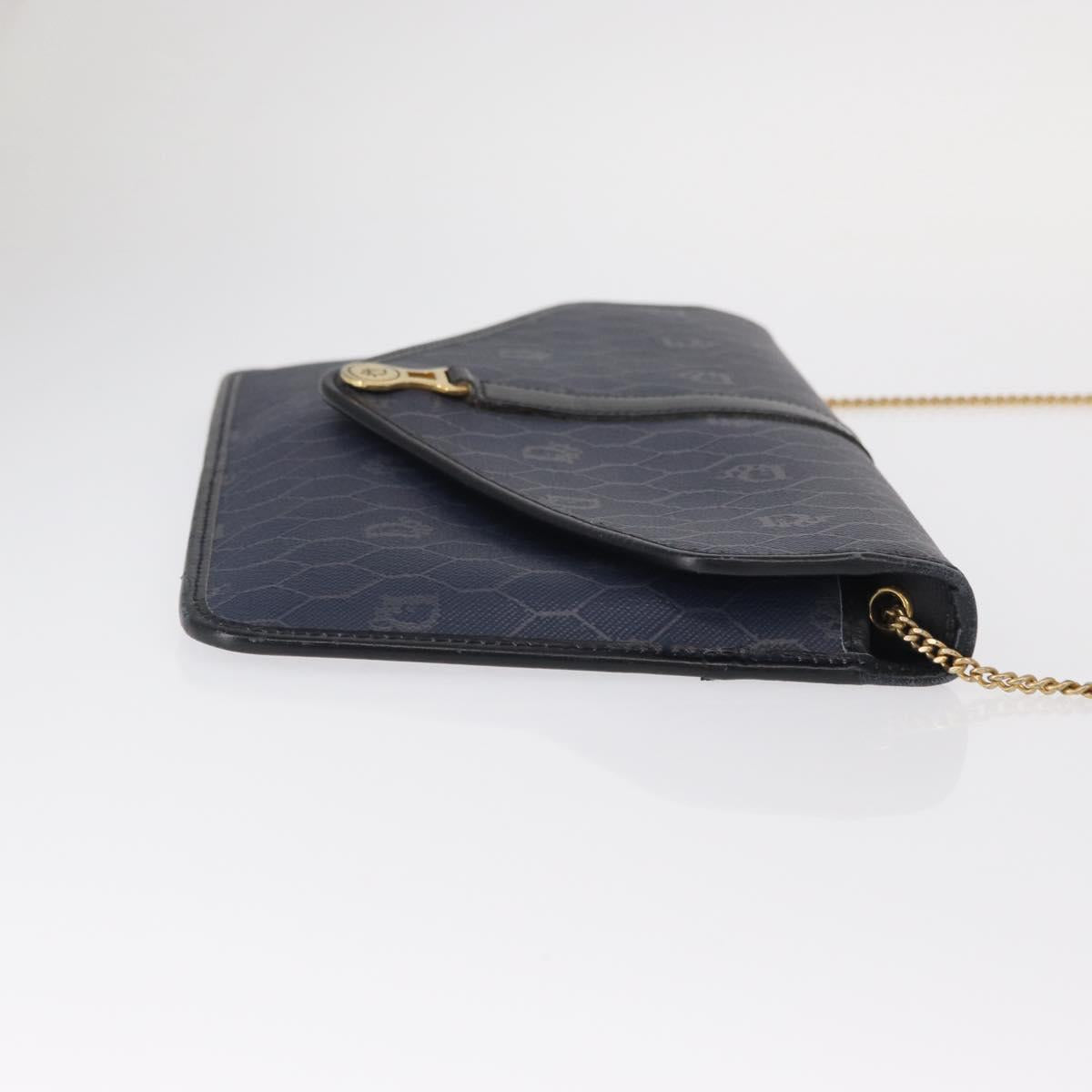 Christian Dior Honeycomb Canvas Chain Shoulder Bag PVC Navy Gold Auth 156493