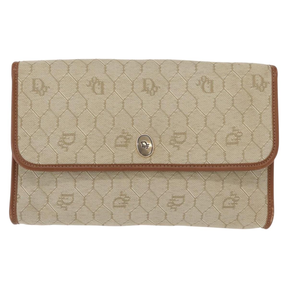 Christian Dior Honeycomb Canvas Chain Shoulder Bag PVC Beige Gold Auth 156494