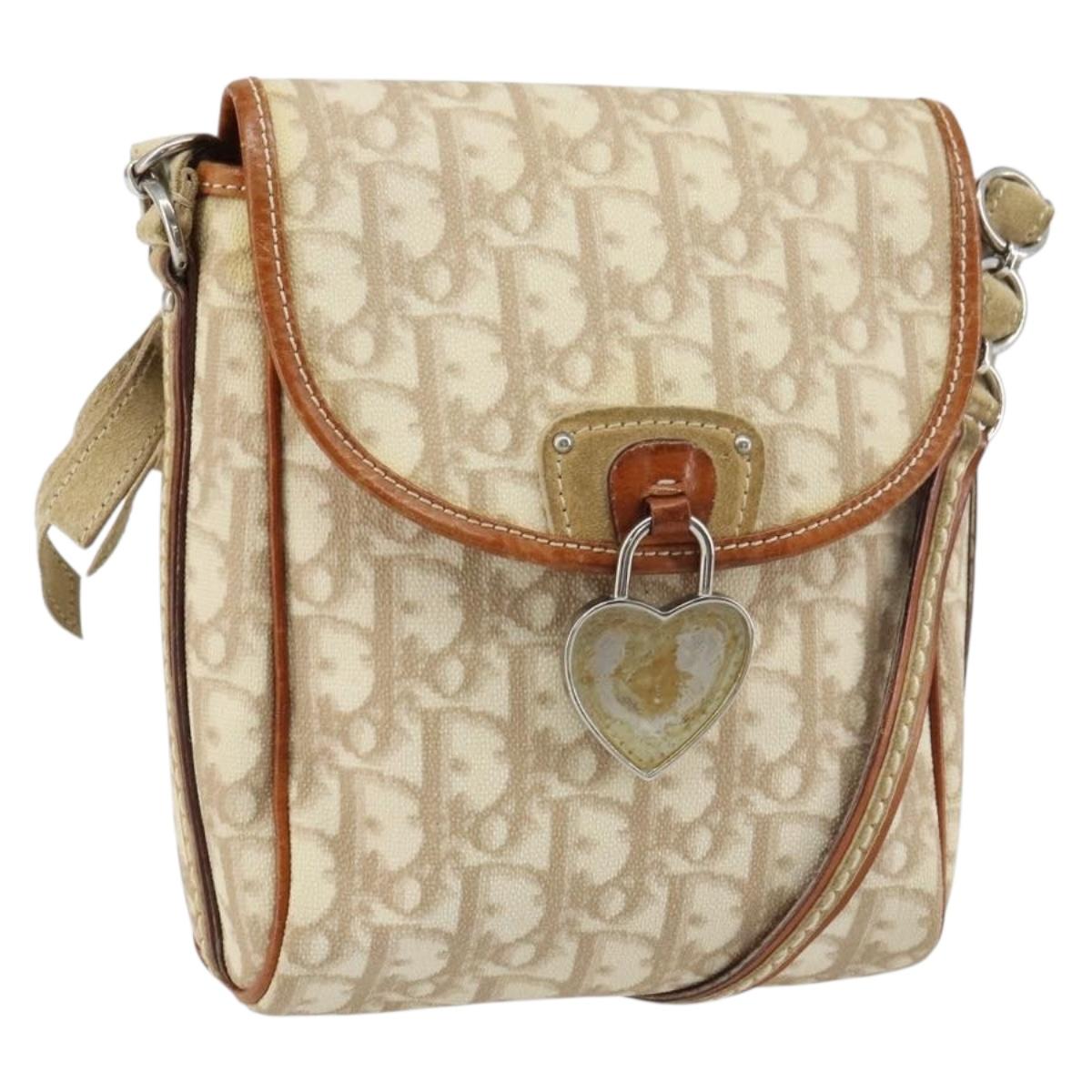Christian Dior Trotter Canvas Romantic Shoulder Bag PVC Beige Silver Auth 156500