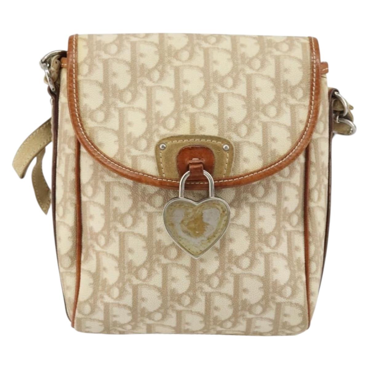 Christian Dior Trotter Canvas Romantic Shoulder Bag PVC Beige Silver Auth 156500