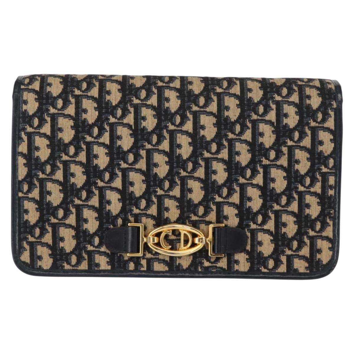 Christian Dior Trotter Canvas Chain Shoulder Bag Navy Gold Auth 156501V