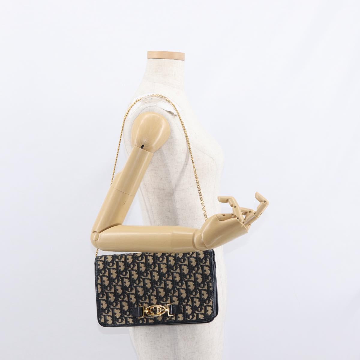 Christian Dior Trotter Canvas Chain Shoulder Bag Navy Gold Auth 156501V