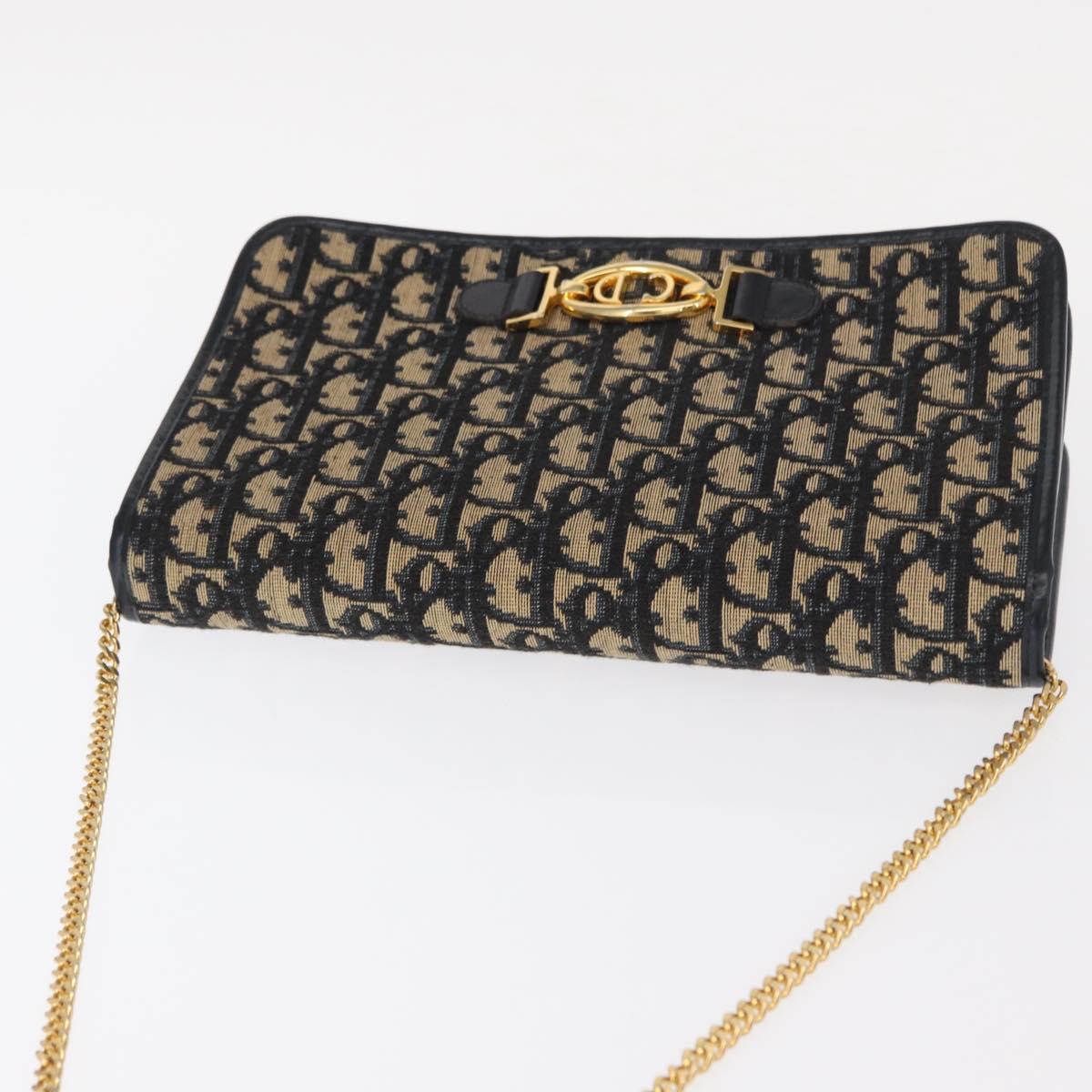 Christian Dior Trotter Canvas Chain Shoulder Bag Navy Gold Auth 156501V