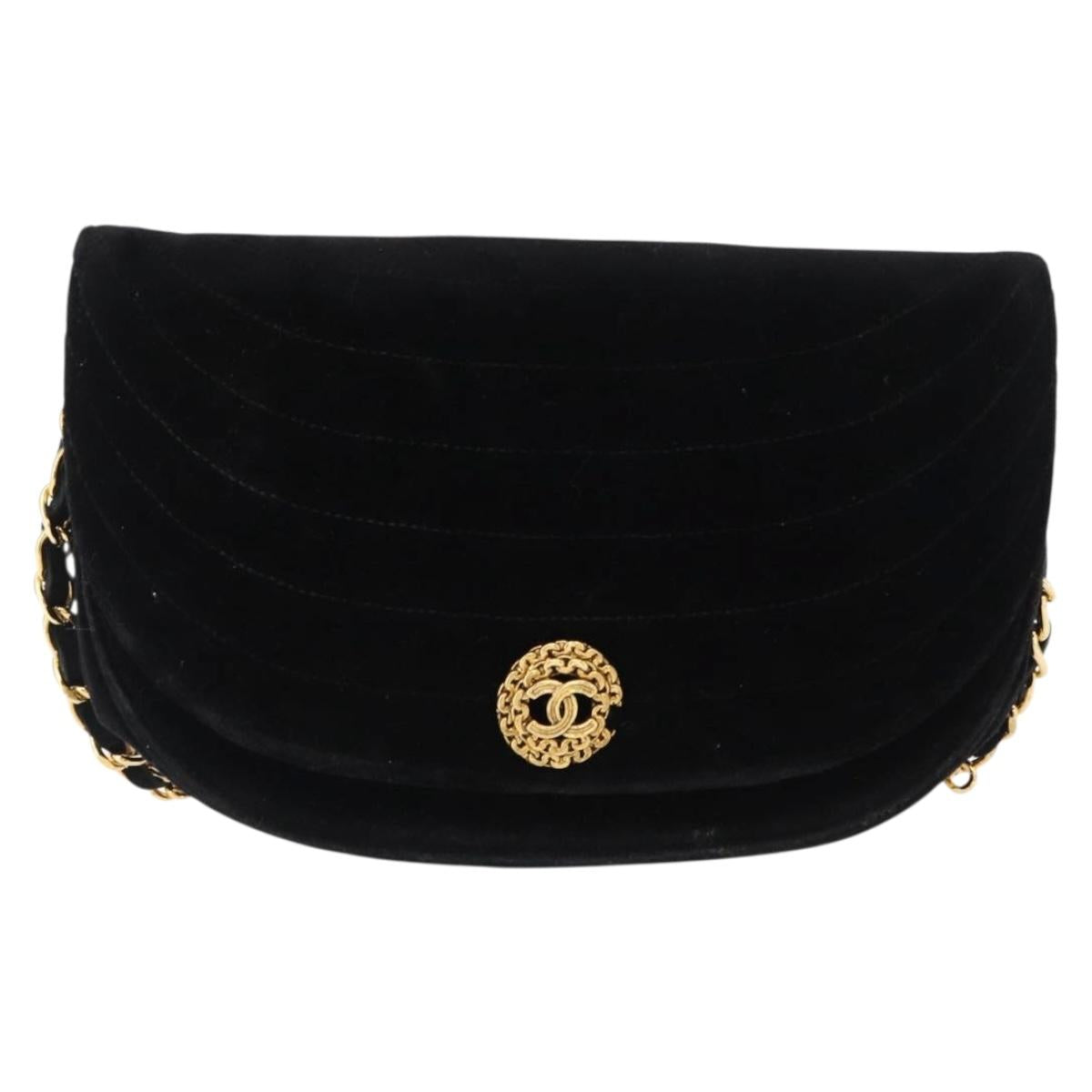 CHANEL Chain Shoulder Bag Velor Black Gold CC Auth 156502