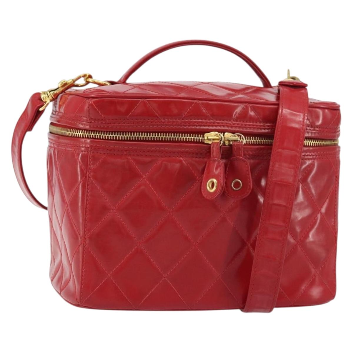 CHANEL Matelasse Vanity Hand Bag Patent leather 2way Red Gold CC Auth 156504