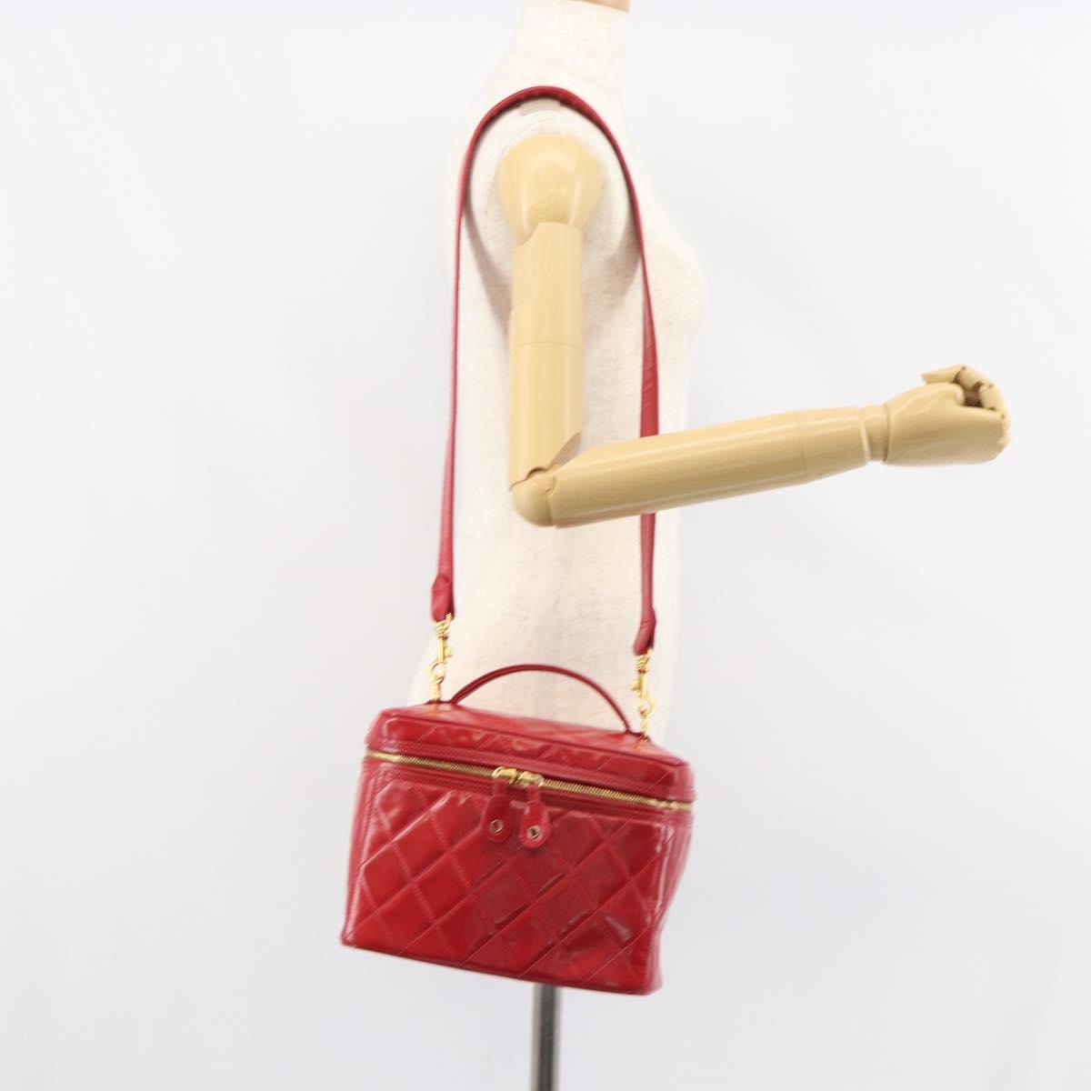 CHANEL Matelasse Vanity Hand Bag Patent leather 2way Red Gold CC Auth 156504
