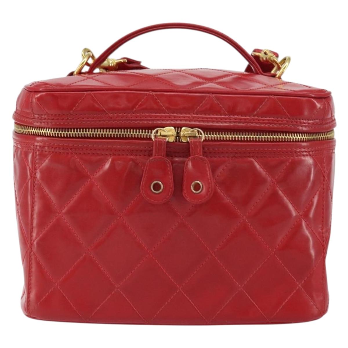 CHANEL Matelasse Vanity Hand Bag Patent leather 2way Red Gold CC Auth 156504